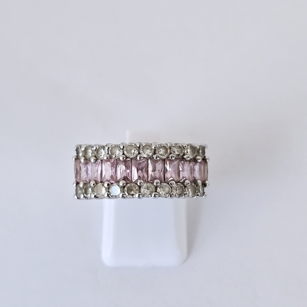 Beautiful Blush Tourmaline & White Topaz Ring Sterling Silver Size 8